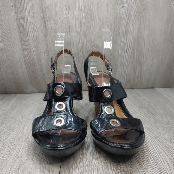 SOFFT Black Patent Leather Cork Wedge Montera Sandals T Strap Sling Back size 10 - Picture 9 of 12